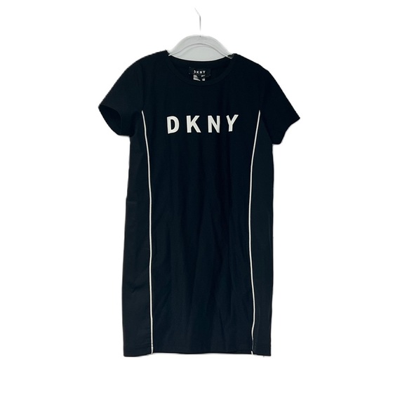 DKNY kids black white trim logo mesh short sleeve athleisure sz 6 dress sporty - Picture 2 of 4